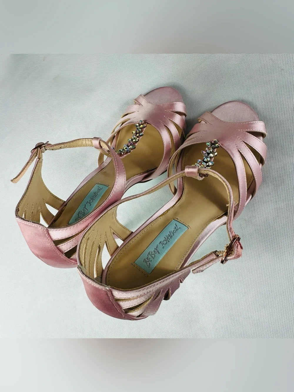 Betsey Johnson Rose Pink Satin Open-Toe Heels with Jeweled Ankle Detail